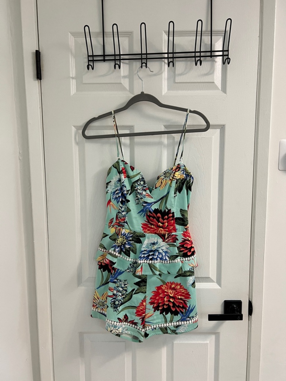 Floral Mint Romper with Pom Trim